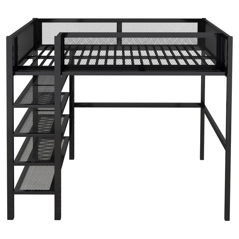 Twin/Full Metal Loft Bed with Built-in Desk, Shelves, and Storage, Modern Design