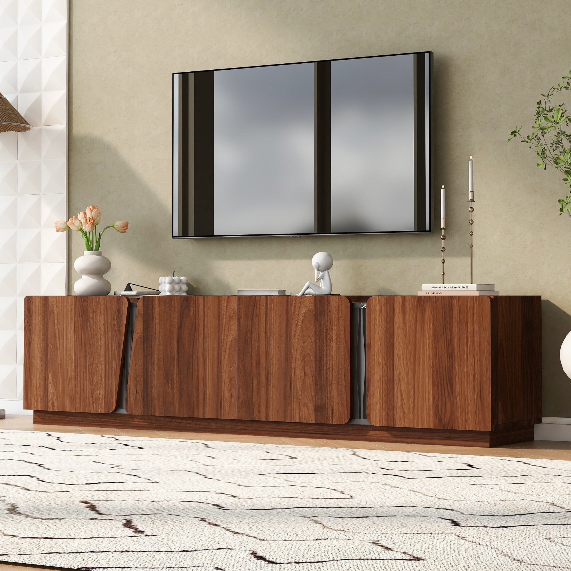 Modern Storage Cabinet with Rounded Corners, Marble Contrast Top & Adjustable Interior Shelves