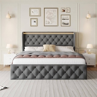 Button Tufted Velvet Upholstered Bed Frame with Tall Headboard - Bed ...
