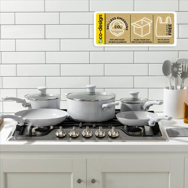 T-fal Essentials, Ceramic Non-Stick 12 Piece Pots and Pans Cookware Set, Moon Grey