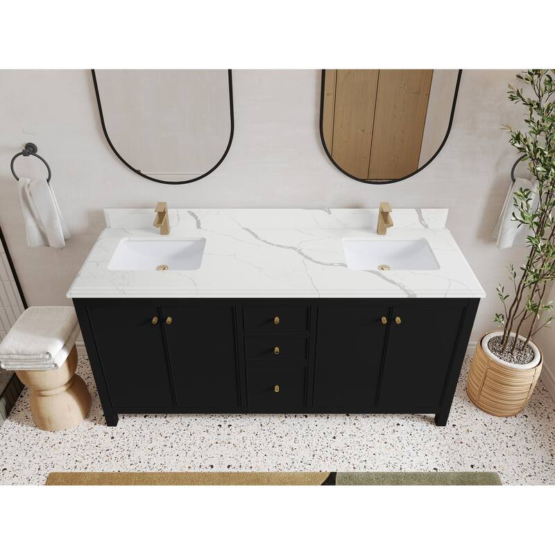 Willow Collections 72 in. W x 22 in. D Chicago Double Bowl Sink Bathroom Vanity with Countertop - 1.5"Calacatta - Black