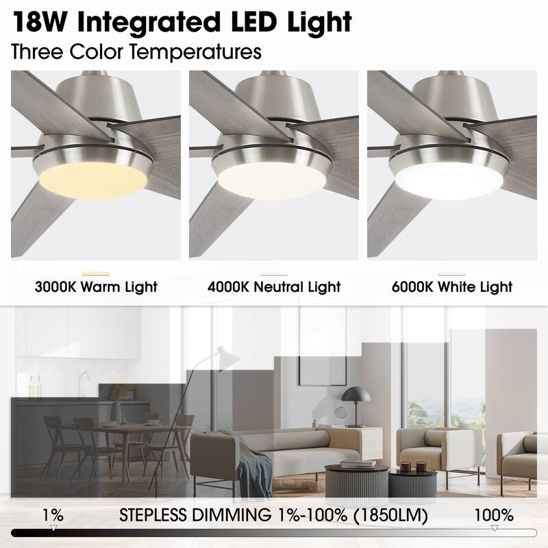 52" Modern Reversible 5-blade Brushed Nickel LED Smart Ceiling Fan with Light and APP
