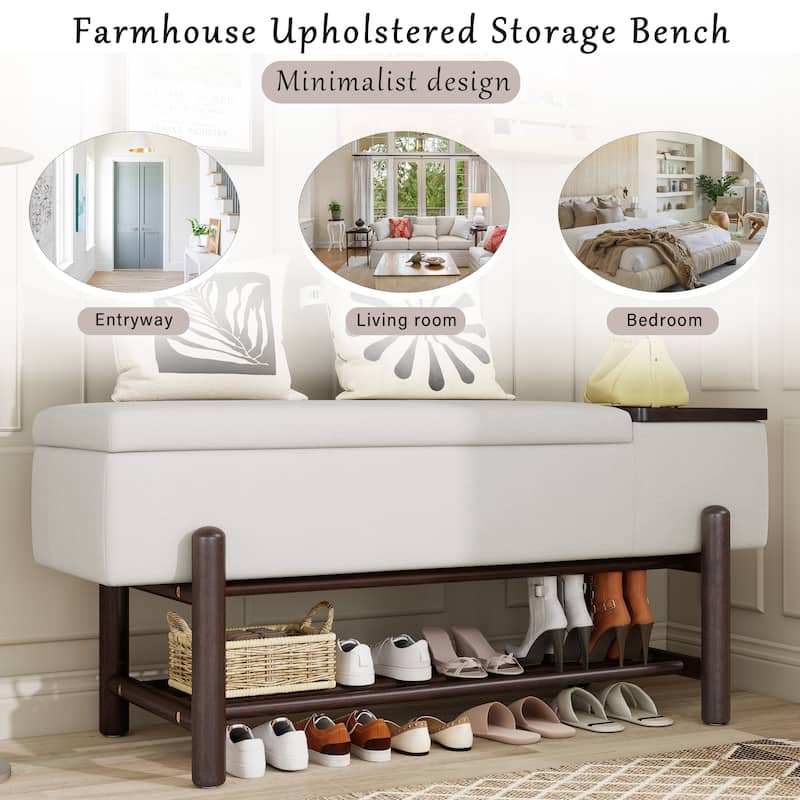 Farmhouse Upholstered Storage Bench with Hidden Compartment, Modern Entryway Bench for Living Room, Entryway, and Hallways