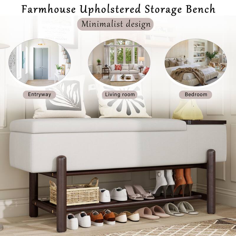 Farmhouse Upholstered Storage Bench with Hidden Compartment for Entryway & Living Room