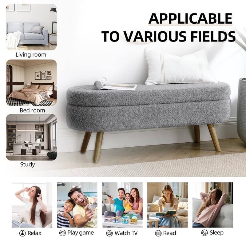 44" Beige Boucle Storage Ottoman Bench for Living Room Bedroom,Oval Storage Bench Ottoman Foot Rest Wood Legs