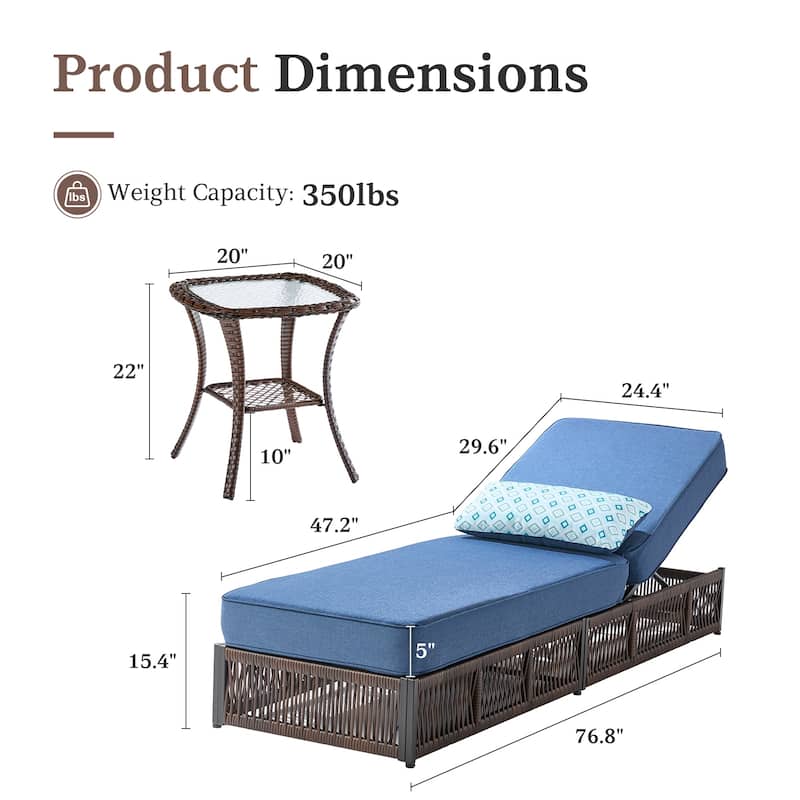 Gymojoy Outdoor Patio Chaise Lounge Chair, Luxury Recliner with 6-Position Backrest & 5-Inch Cushions Set of 2 with Side Table