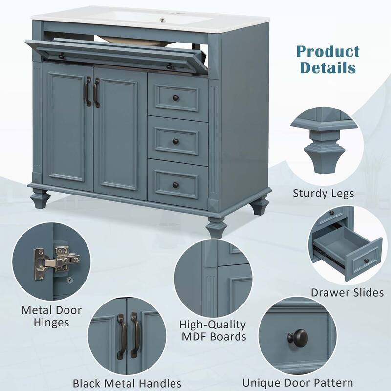 Freestanding Vanity Set with Flip-Out Drawer,3 Drawers,2 Soft-Close Doors