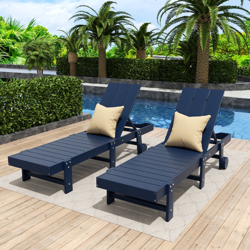 Shoreside Modern Poly Eco-Friendly All Weather Reclining Chaise Lounge With Wheels (Set Of 2) - Navy Blue