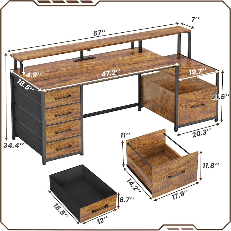 Home Computer Desk File Drawer & Power Outlet 5 Drawer Monitor Shelf