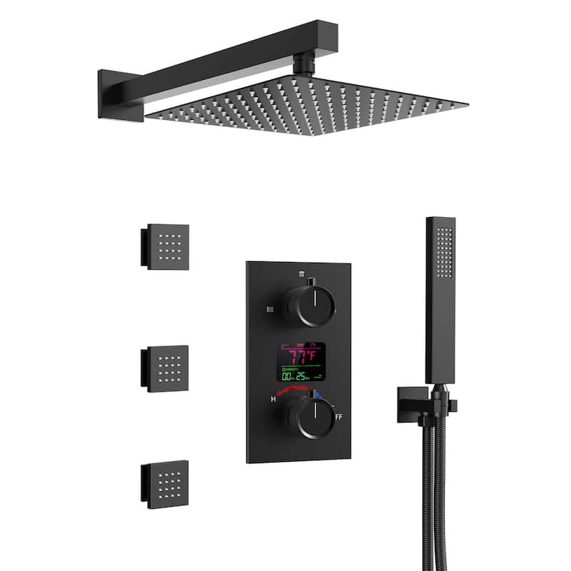 Wall-Mounted Shower Fixture System 12 in Rain Shower Head LCD Digital Thermostatic Valve Shower Faucet Set with 3 Body Jets