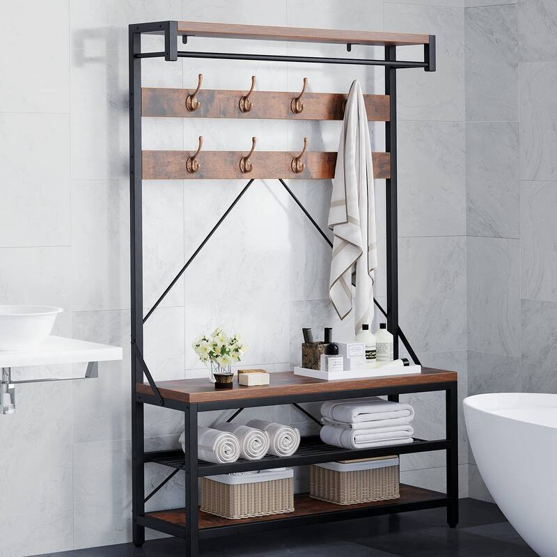 Industrial Brown Entryway Coat Rack with Shoe Bench 3-in-1 Functional Hall Tree - 15.74"D x 39.97"W x 72"H