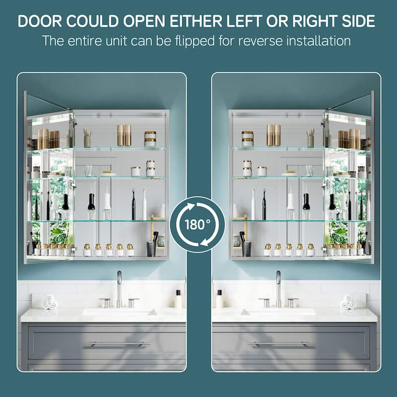 24x36" Tri-View Mirrored Medicine Cabinet, Soft-Close Blum Hinges, Reversible Bi-View Door, Recess/Surface Mount, Aluminum Body