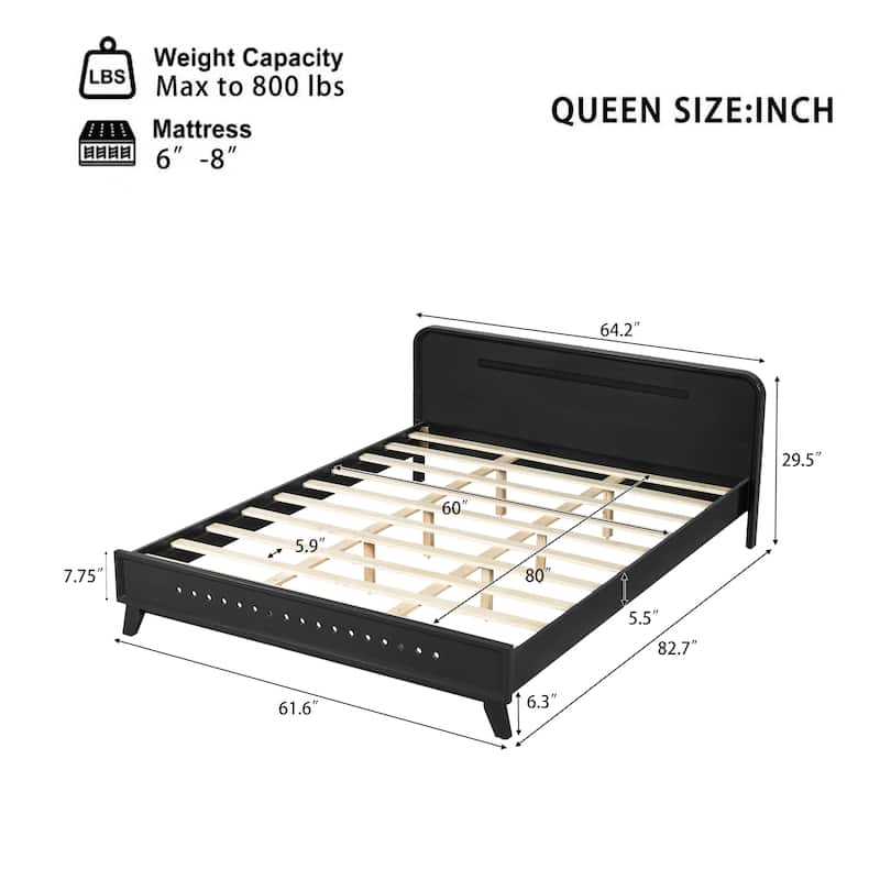 Modern Solid Wood Platform Bed, Pine Wood Queen/King Bed Frame with Slats, Stable No Box Spring