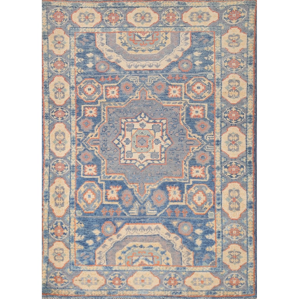 Blue Geometric Kazak Accent Rug Hand-Knotted Wool Carpet - 2'9" x 4'0"