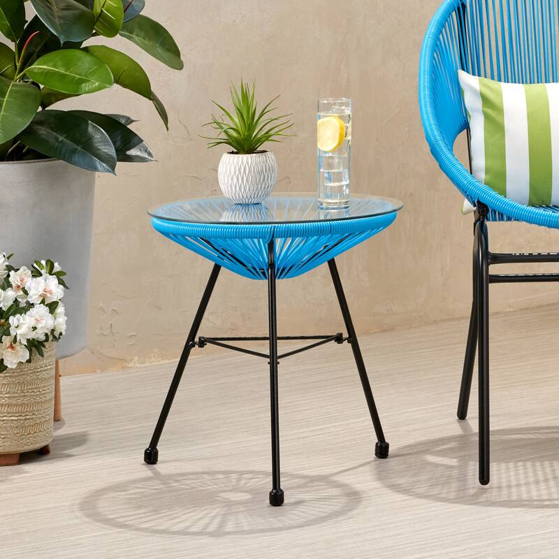 Modern Outdoor Rattan Side Table with Tempered Glass - Blue