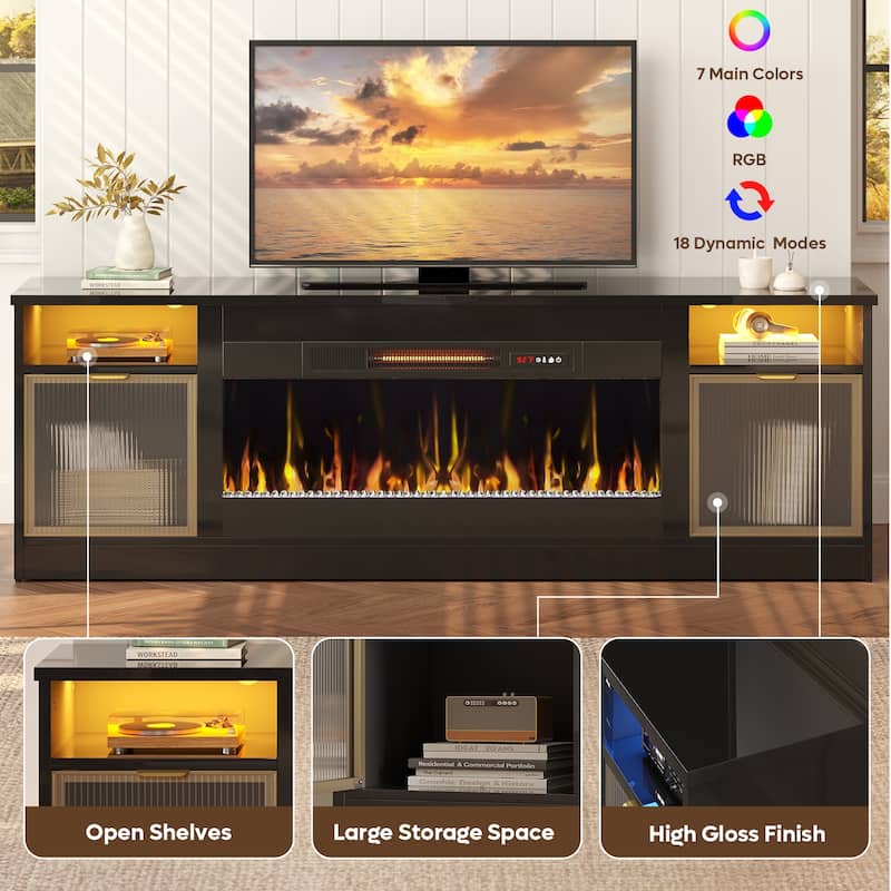 Bestier 71 in. Freestanding Fireplace TV Stand for TVs Up to 80 in. with Ample Storage in Glossy - 22.83hx71wx15.75d