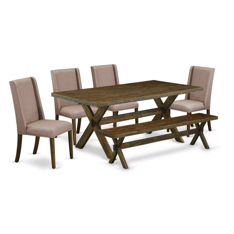 Victorian Dining Set - 6-Piece Table & Chair Set - Linen Fabric Seats - Modern Kitchen Table with Bench