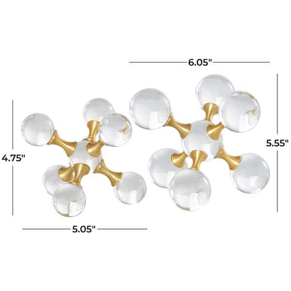 Clear Crystal Orb Inspired Jack Decorative Sculpture with Gold Metal Accents (Set of 2)