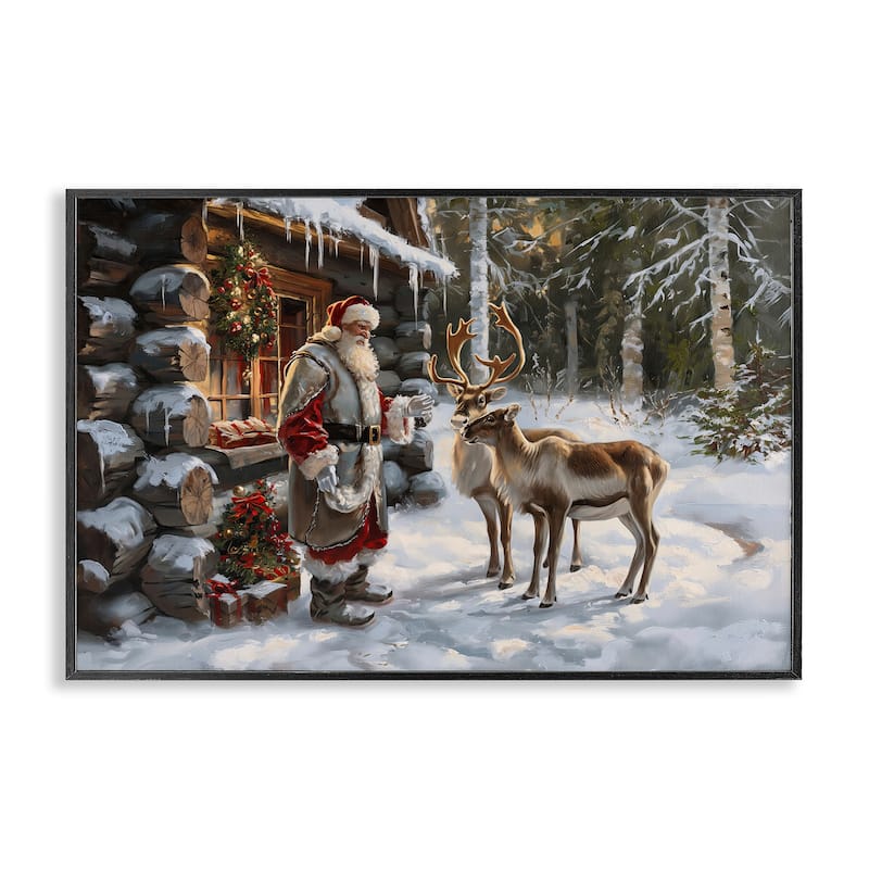 Stupell Santa's Cabin with Reindeer Framed Giclee Art Design By Imagine It Images - 30 x 20 - Black