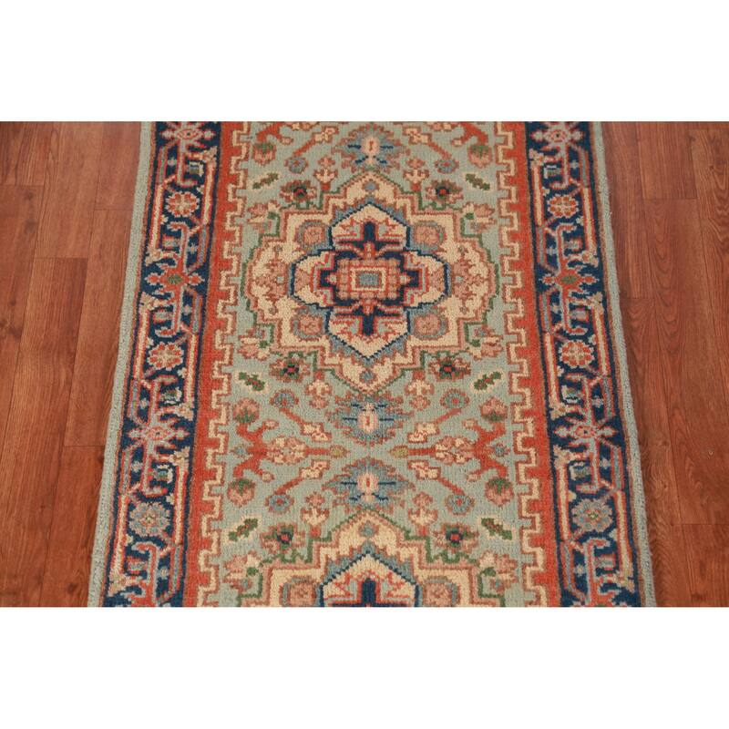 Light Green Heriz Serapi Oriental Runner Rug Handmade Wool Carpet - 2'6" x 7'10"