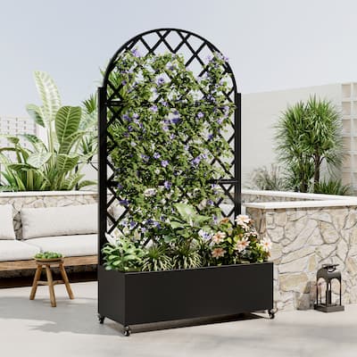 Metal Planter Box with 4 Wheels and Privacy Screen for Climbing Plants
