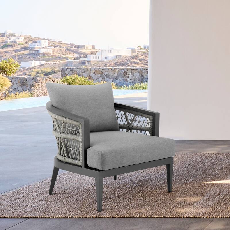 Zella Outdoor Patio 4 Piece Conversation Set in Aluminum with Light Gray Rope and Cushions