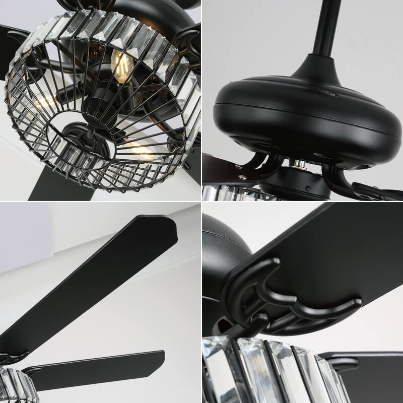 42"/52" Modern Crystal Ceiling Fan with Light, 5 Wood Blades, DC Motor, Remote, Dual Downrods