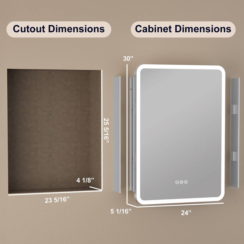 Rounded Edge LED Medicine Cabinet with Mirror, Dimmable, Anti-fog, Adjustable Shelves, Recessed or Wall Mount, ETL Certified