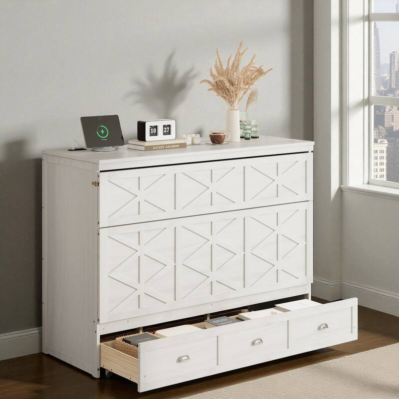 Queen Size Murphy Bed with USB Ports and Large Storage Drawers, Space-Saving Wall Bed Cabinet, Modern Brushed Finish