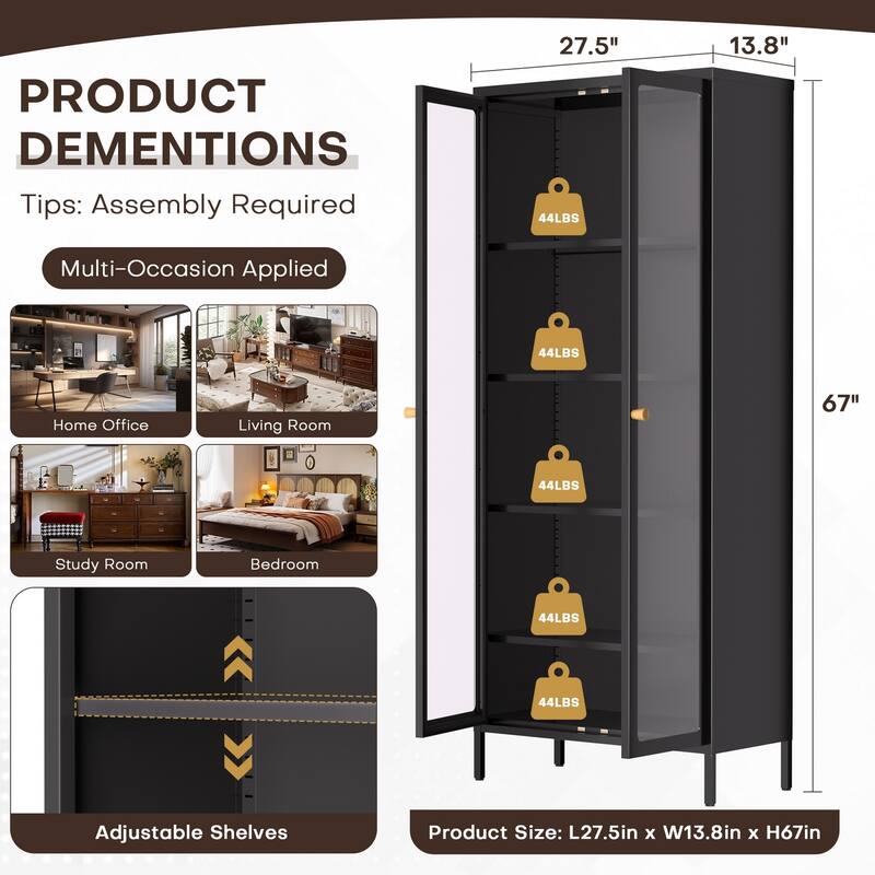 4/5-Tier Glass Curio Display Cabinet with Doors & Adjustable Storage Shelves