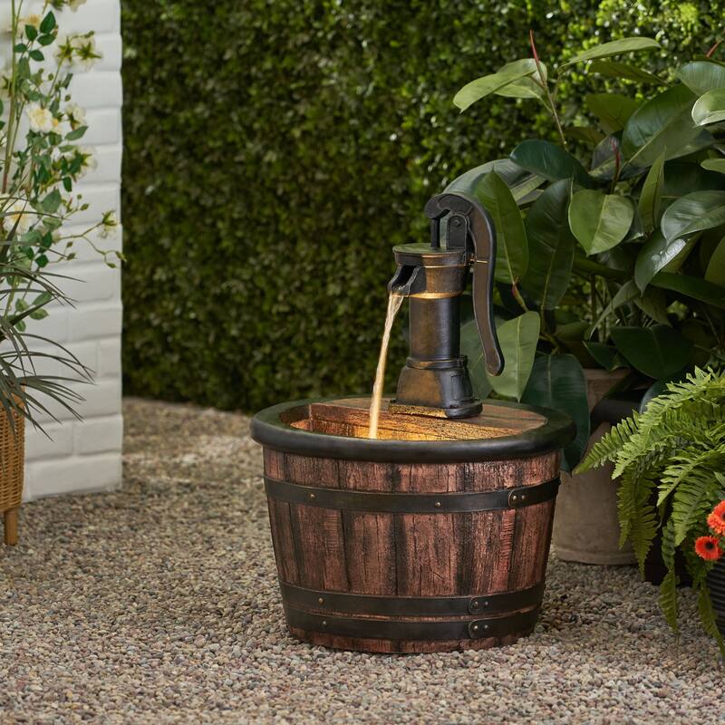 Roomfitters 26.5" Hand-Crafted Rustic Barrel and Pump Outdoor Water Fountain with LED Lights, Weather-Resistant Faux Stone, Wood