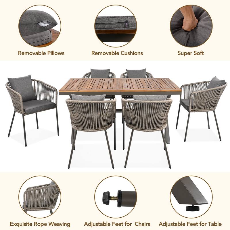 7 Pieces Patio Dining Set All-Weather Outdoor Furniture Set with Wood Tabletop and Adjustable Feet