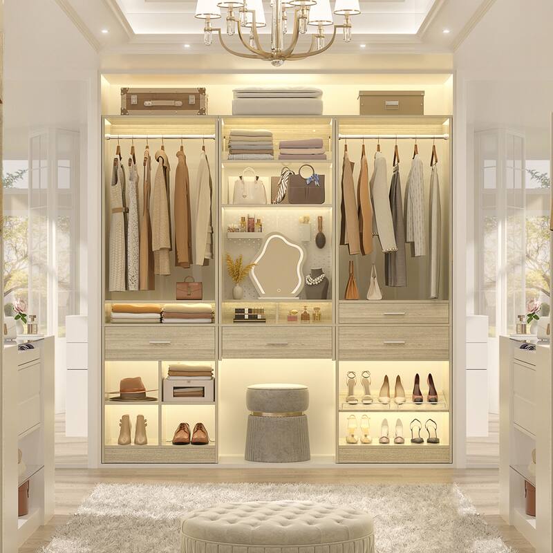 Set of 3 75'' Closet System with Metal Pegboard ＆ Shoe Rack ＆ Hanging Rods ＆ 4 Drawers, Space-saving Walk-in Closet Organizer