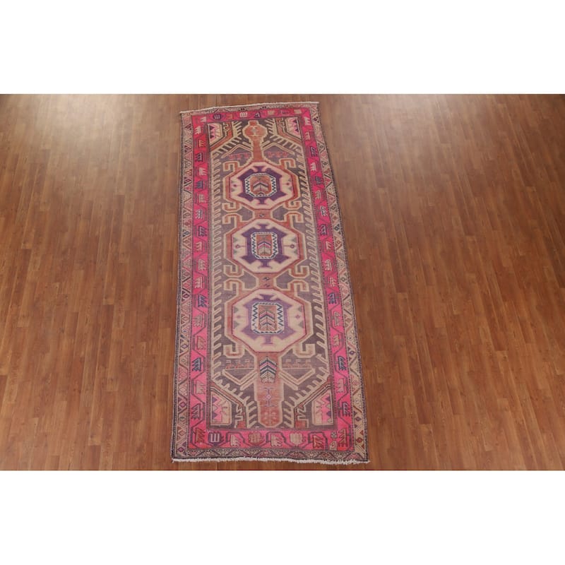 Hand Knotted Oriental 100% Wool Carpet Traditional Geometric Purples Meshkin Runner Rug - 10' 4'' X 4' 4''