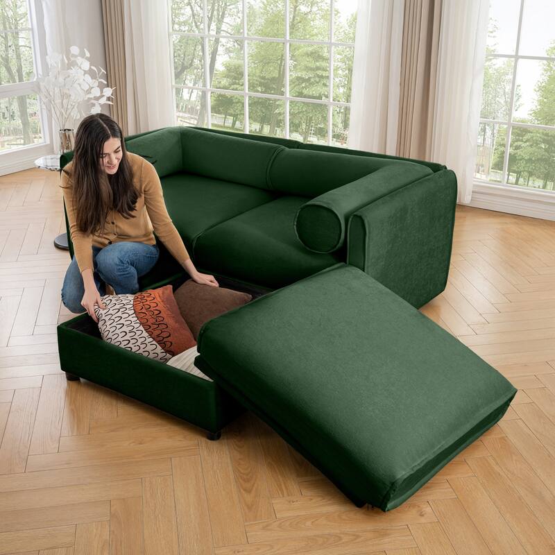 Modern Chenille 6-Seater Sofa with Ottoman Storage, Hidden Storage, Cylindrical Cushioned Arms and Backrest