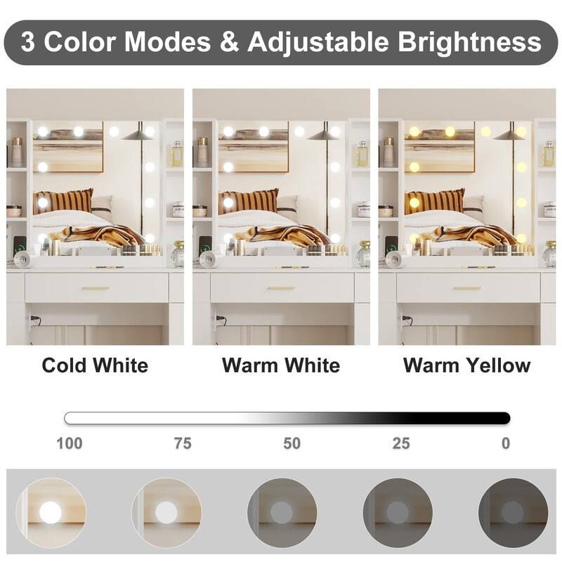 55.7" Dressing Table with LED Lights, Storage Shelves & Stool, Drawers
