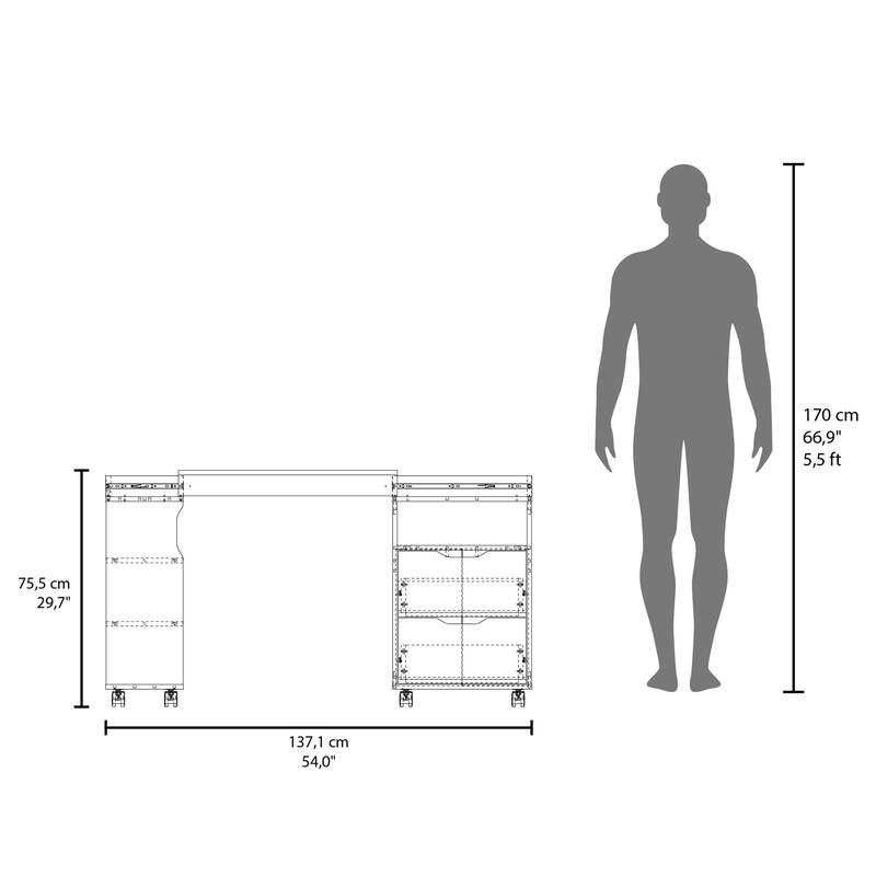 GDFStudio - Ava Extendable Desk with 2 Drawers, 4 Shelves, and Mobile Wheels