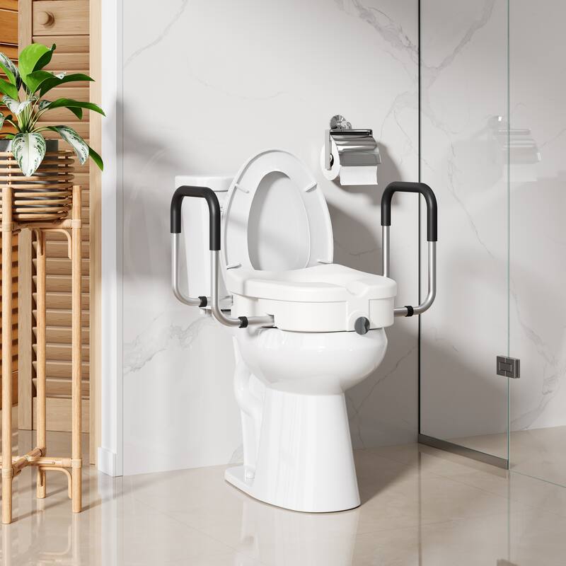 Raised Toilet Seat, 4.5" Riser with Adjustable Soft Padded Arms, Fits Most Elongated Toilets