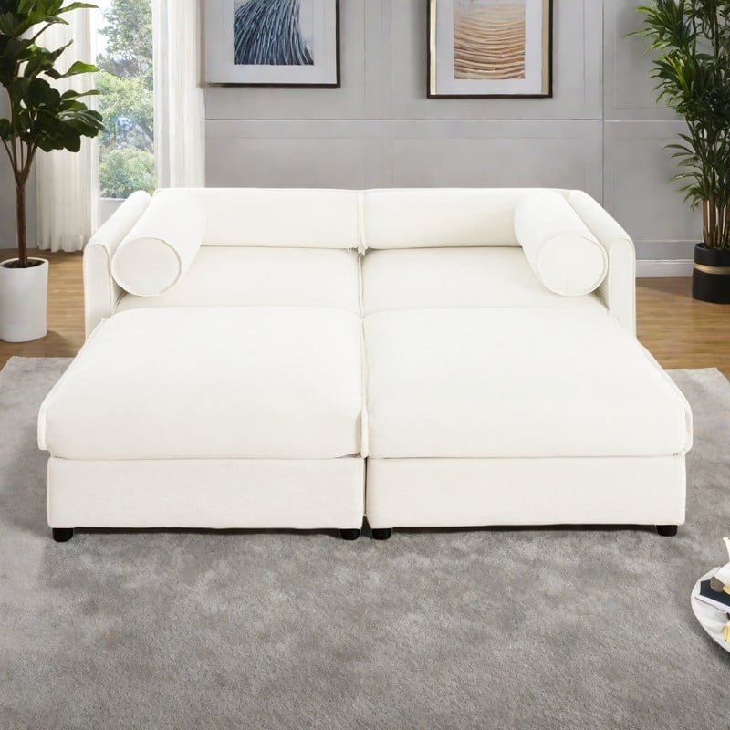 75.5" 2-Seater Chenille Sofa with 2 Ottoman Storage Seats, Cylindrical Backrest and Modular Design