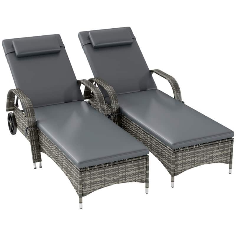 Outdoor Poolside Chaise Lounge Chair Set with Adjustable Backrest Wheels Thick Cushions Steel Rattan Patio Garden Furniture