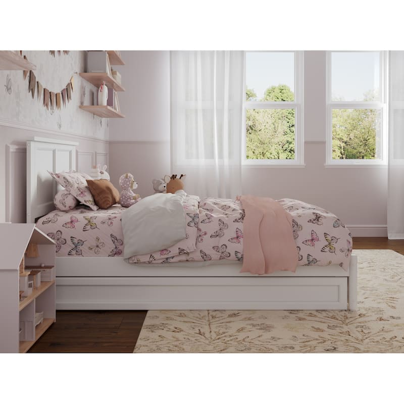 Twin Bed with Trundle & Panel Headboard - White Platform Bed Frame with Storage
