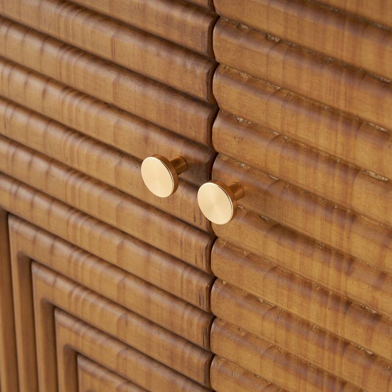 Brown Wood Carved Square Geometric Cabinet with Gold Accents