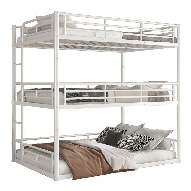 Full over Full over Full Bunk Bed, Metal Triple Bunk Bed with Safety Guardrails, Heavy-duty Bunk Bed with Noise-reduced Design