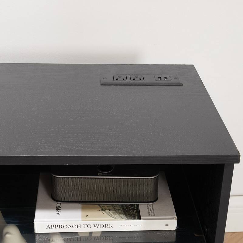 58" Modern TV Stand with Electric Fireplace, LED Lights, USB Charging & Glass Shelves for TVs up to 62"