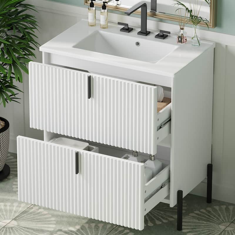 Bathroom Vanity with Ceramic Sink, Freestanding Bathroom Storage Cabinet, Fluted Bathroom Vanity with 2 Full-Extension Drawers