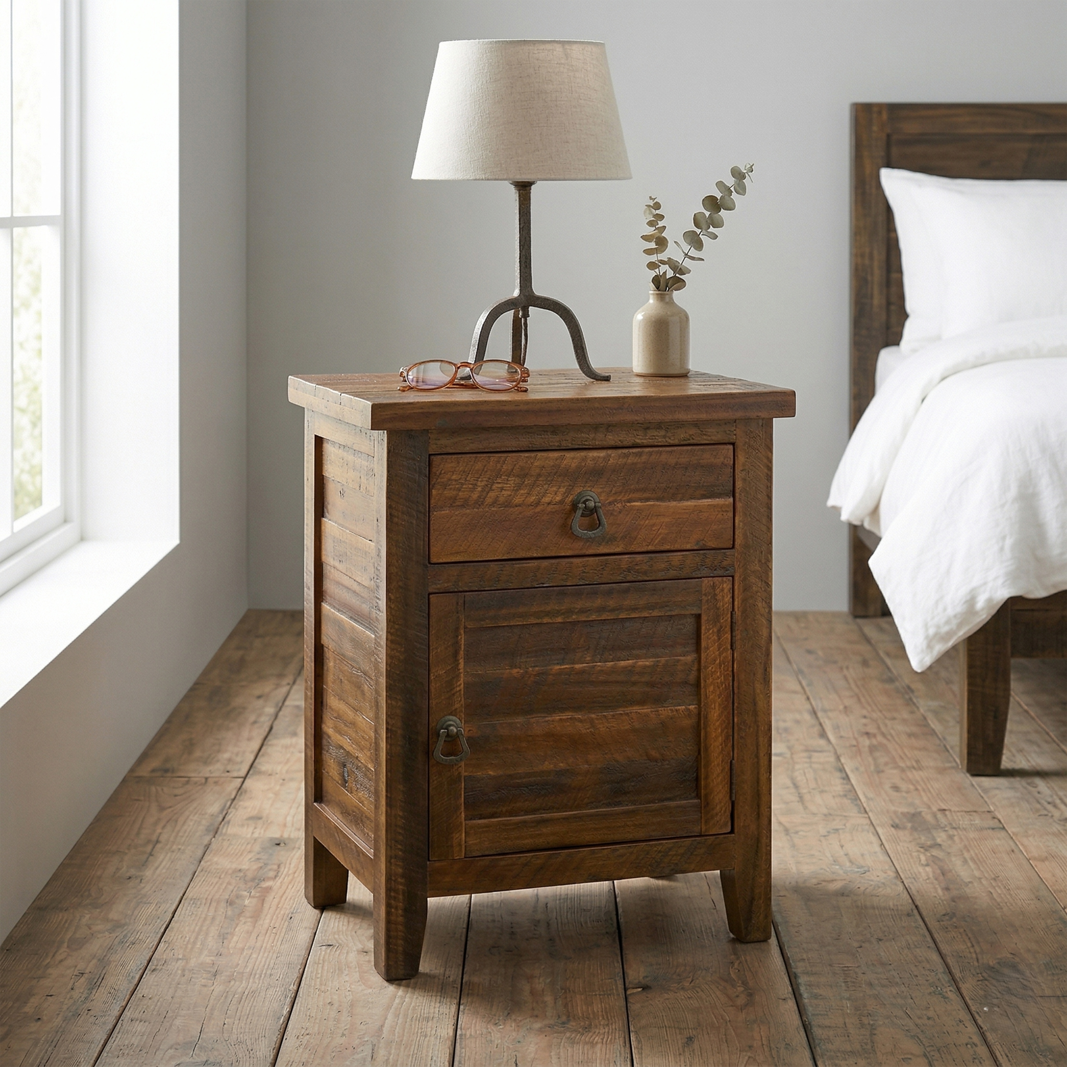 FULLY ASSEMBLED - Antique Solid Acacia Wood Nightstand (25
