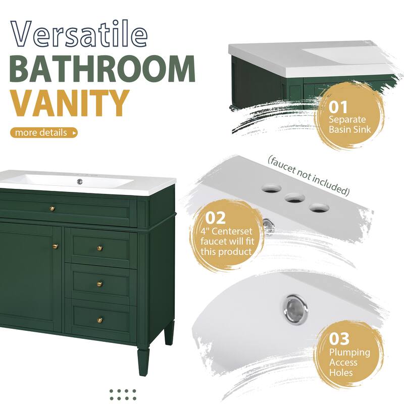 Freestanding Bathroom Vanity & Wall Mounted Mirror Cabinet Set with Resin Sink, Open Shelves, Drawers and Adjustable Shelves
