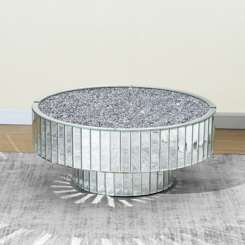 Round Mirrored Coffee Table Accent Table with Crushed Diamond