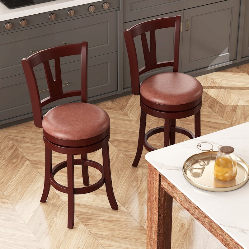 Cappuccino Swivel Bar Stools with Faux Leather Seat Wooden Frame for Kitchen Island Dining Room Pub