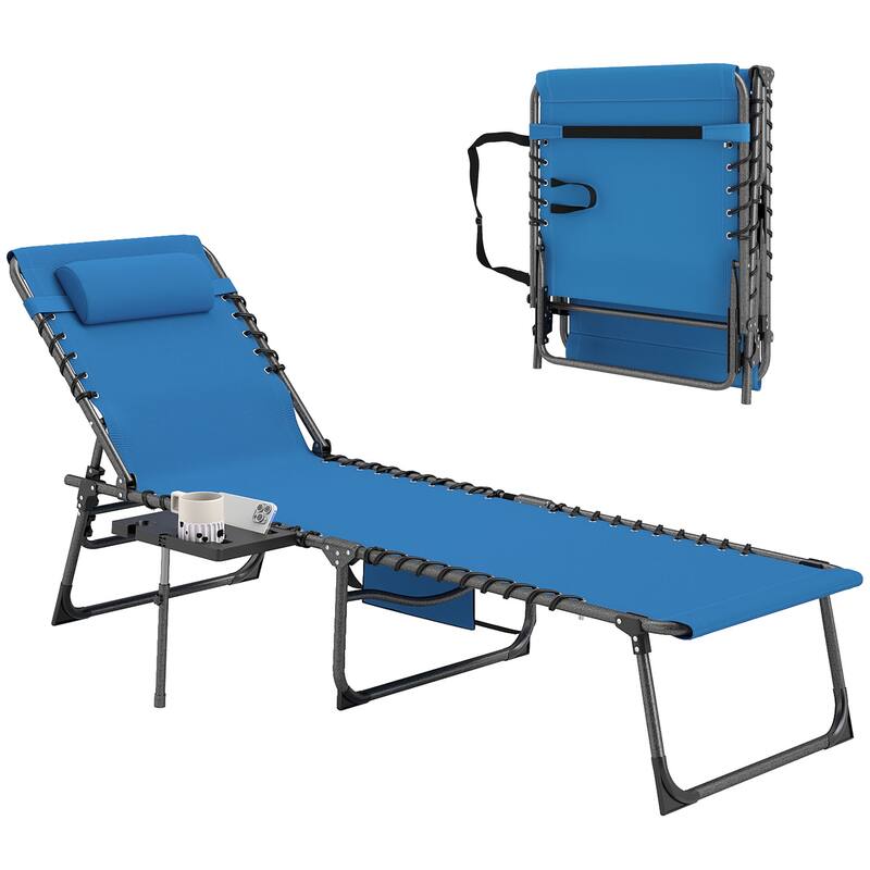 Outsunny Folding Chaise Lounge Chair Outdoor Tanning Chair with Side Table, 5-Level Adjustable Beach Lounge Chair with Headrest